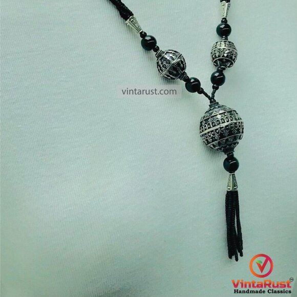 Artisan Black Boho Pendant Necklace | Rustic Boho Black Beaded Necklace - Picture 7 of 11